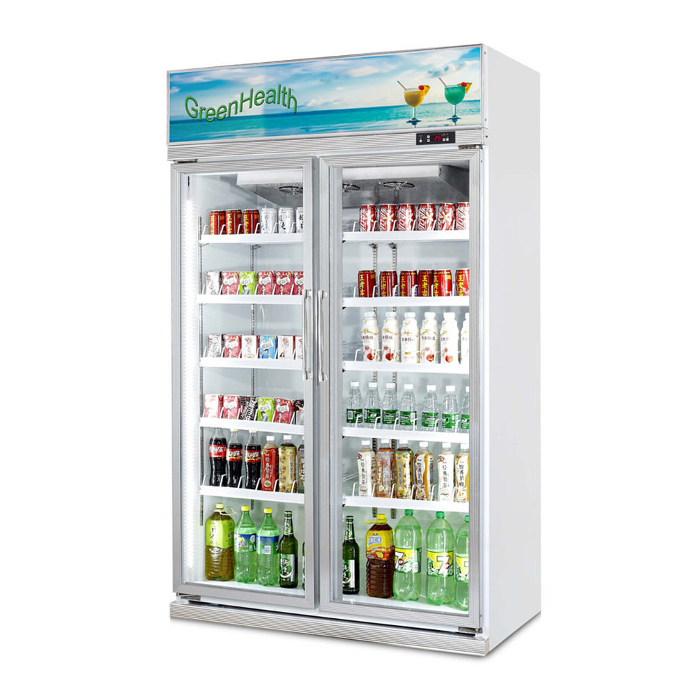 Le refroidisseur/boissons en verre d'affichage de boisson de congélateur de porte d'étagères réglables montrent le réfrigérateur