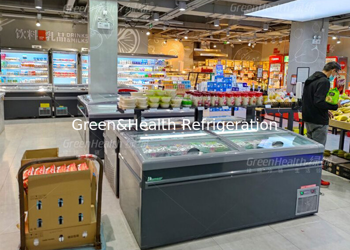 Équipement profond de réfrigérateur de porte coulissante de congélateur d'affichage d'île de poulet de supermarché