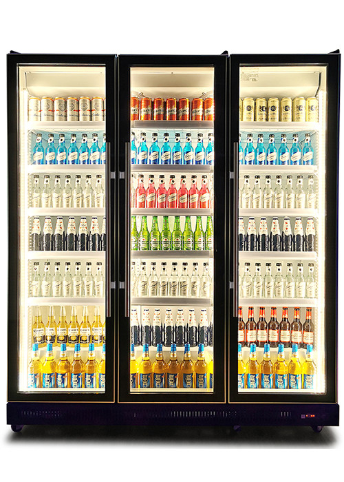Ventilateur de refroidissement Commercial Display Chiller Portes en verre multiples Éblouissantes Noir Display Drinks réfrigérateur