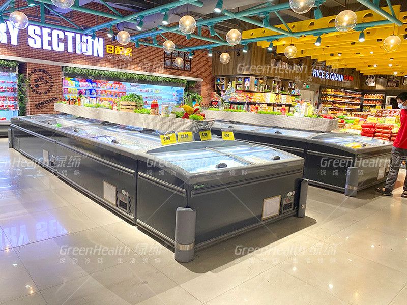 8 pieds grand supermarché île affichage vitrée porte coulissante congélateur pour le stockage de poulet