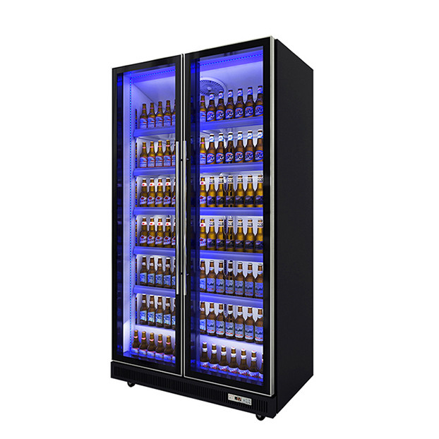 Réfrigérateur d'exposition pour boissons/alcools avec deux portes vitrées, éclairage LED multiple, usage commercial