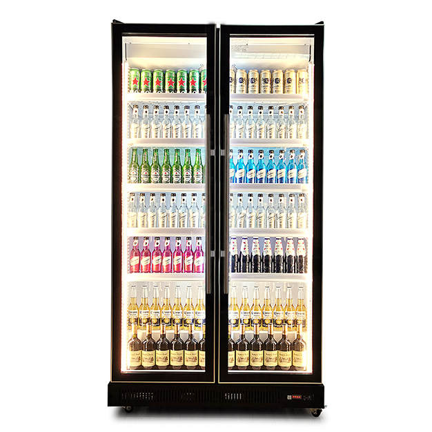 Réfrigérateur présentoir pour vin et boissons avec deux portes vitrées verticales, multiples lumières LED et congélateur