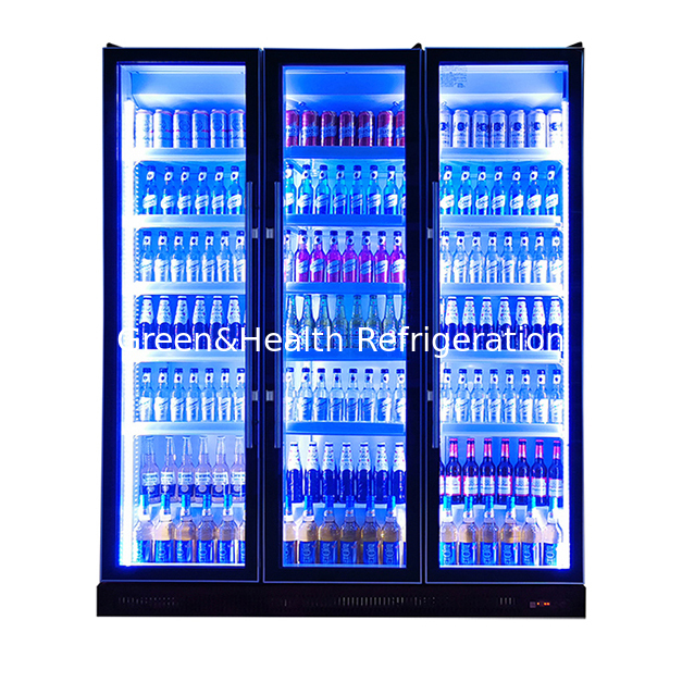 Three Glass Doors Vertical Commercial Latest Model Multiple LED Lights Beverage Refrigeration Display Freezer