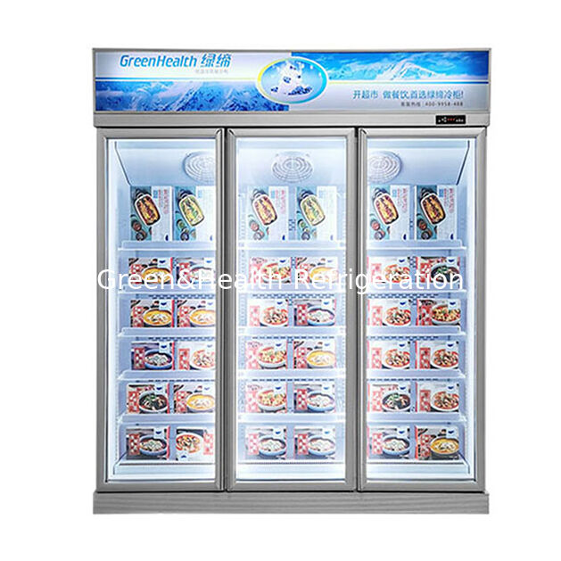 Vertical Three Glass Doors Freezer For Food Storage And Display In The Upper Unit
