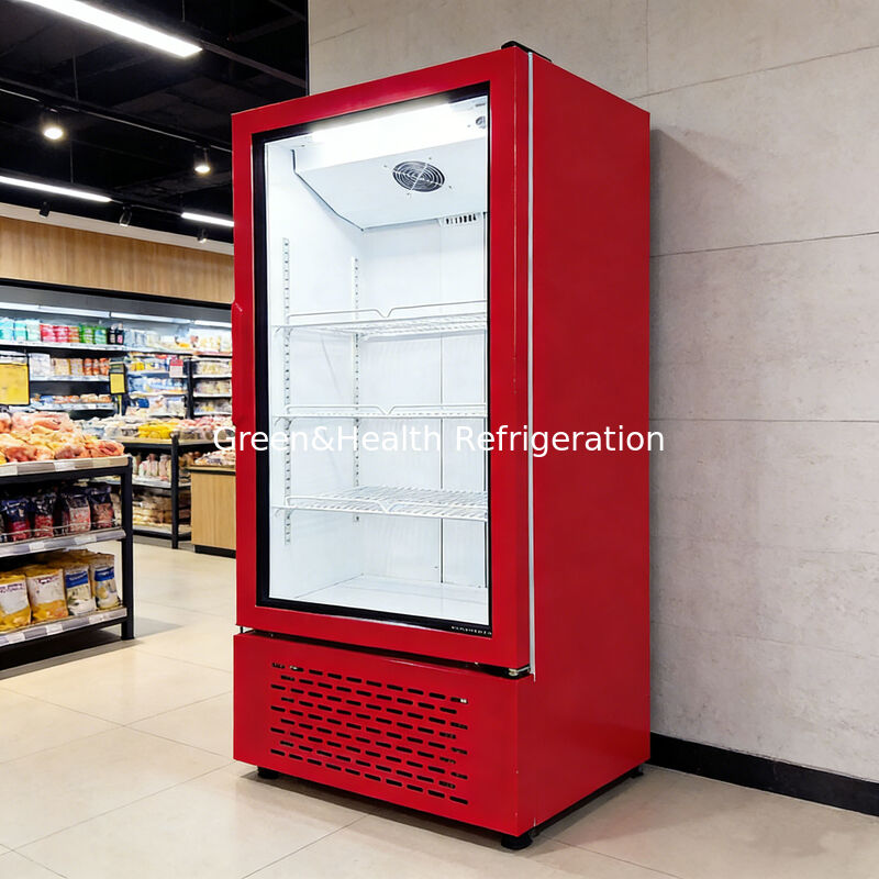 Réfrigérateur à boisson vertical à porte vitrée simple, refroidi par ventilateur, pour supermarchés et supérettes
