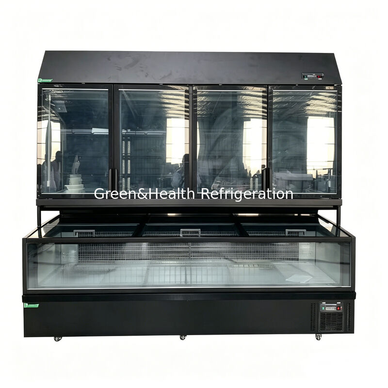 Congélateur îlot double fonction avec extérieur en acier inoxydable/verre et capacité de 850 L pour vitrine de supermarché