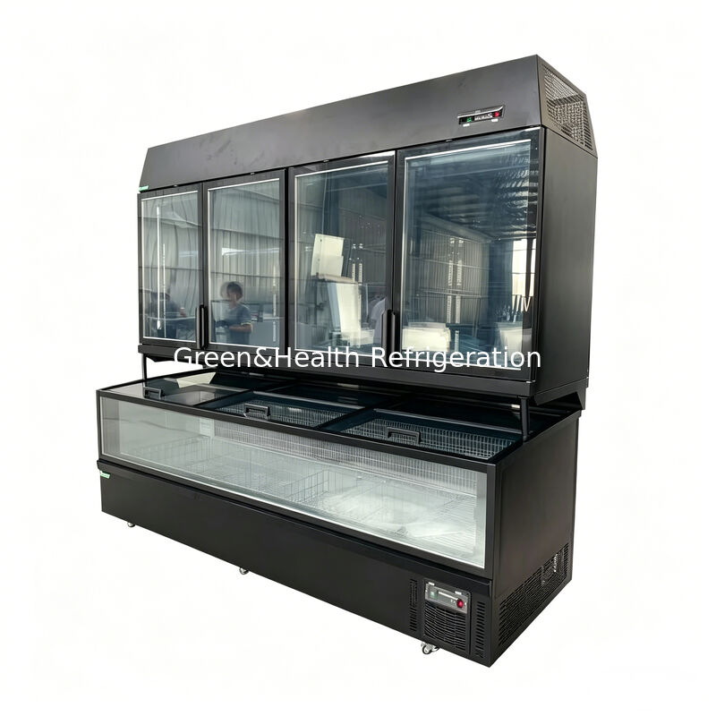 Congélateur îlot double fonction avec extérieur en acier inoxydable/verre et capacité de 850 L pour vitrine de supermarché