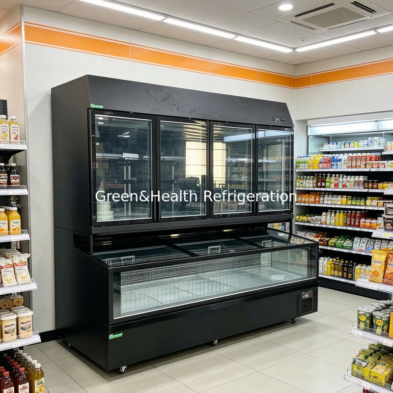Congélateur îlot double fonction avec extérieur en acier inoxydable/verre et capacité de 850 L pour vitrine de supermarché