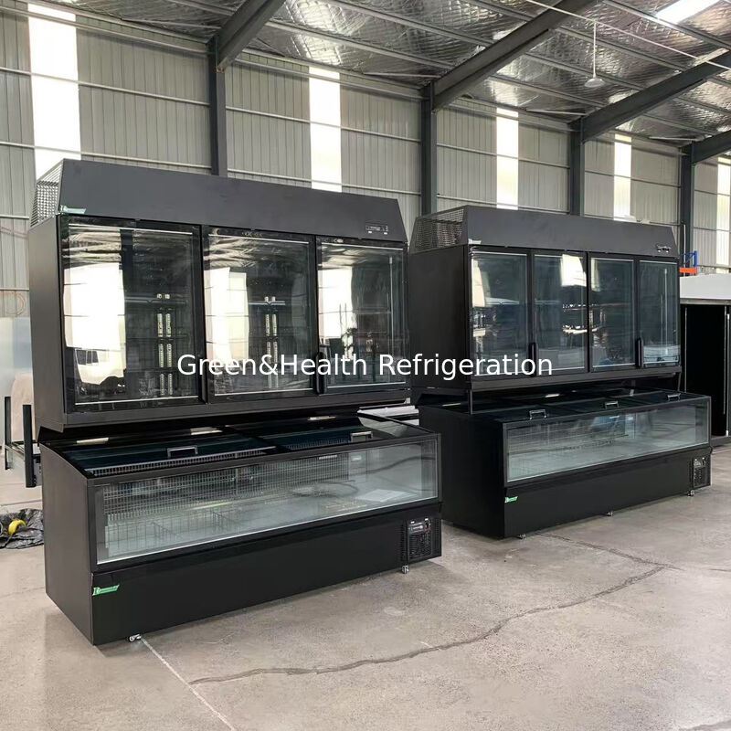 Congélateur îlot double fonction avec extérieur en acier inoxydable/verre et capacité de 850 L pour vitrine de supermarché