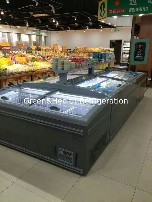 Type d'affichage flexible Porte vitrée Dégivrage automatique congélateur de supermarché île