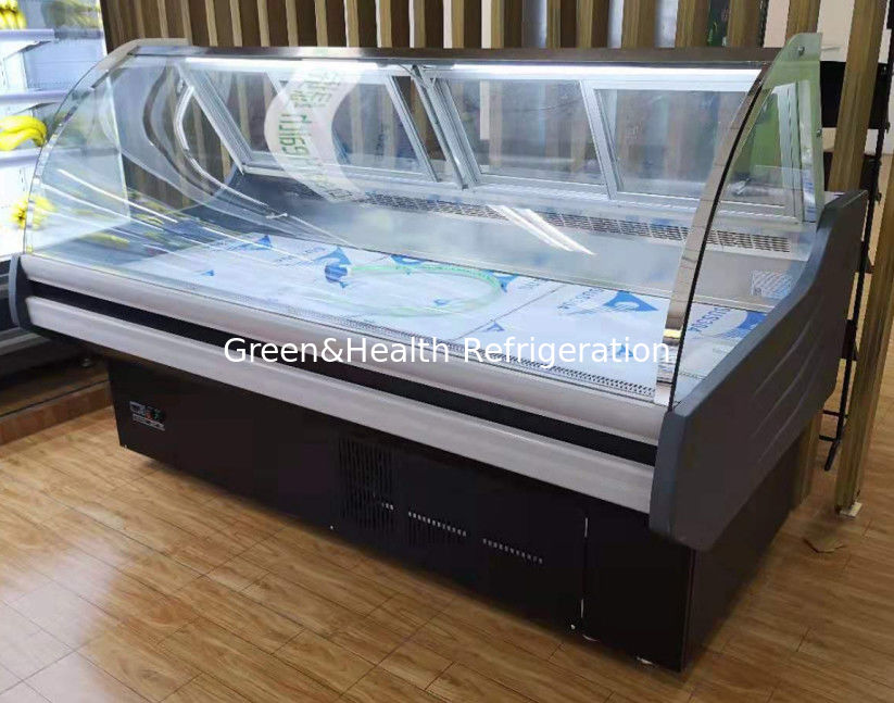 Vitrine commerciale de viande avec intérieur en acier inoxydable en verre incurvé et système de refroidissement par ventilateur