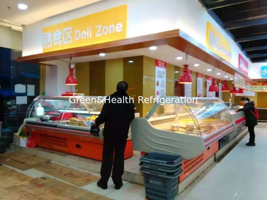 Réfrigérateur commercial à vitrine de charcuterie avec compresseur Danfoss de refroidissement par ventilateur et conception en verre incurvé
