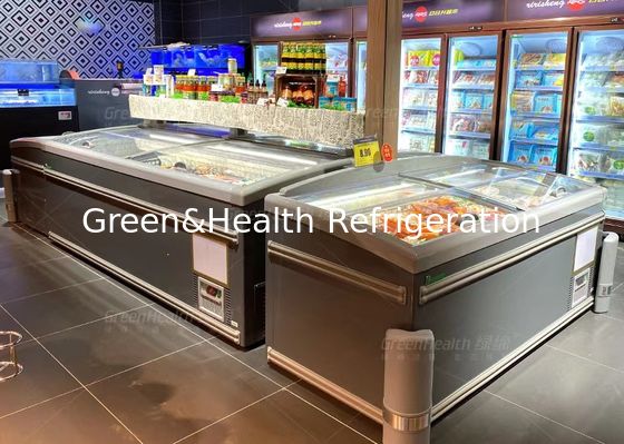 congélateur supérieur en verre d'affichage de l'île 1000L incurvé par message publicitaire pour le supermarché