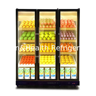 Réfrigérateur d'exposition pour boissons avec trois portes vitrées, multiples lumières LED et congélateur